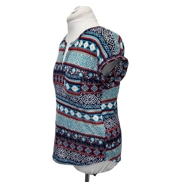 Dept 222  Womens Short Sleeve Southwestern Patterned Top Blue Multicolor size M - Picture 2 of 8